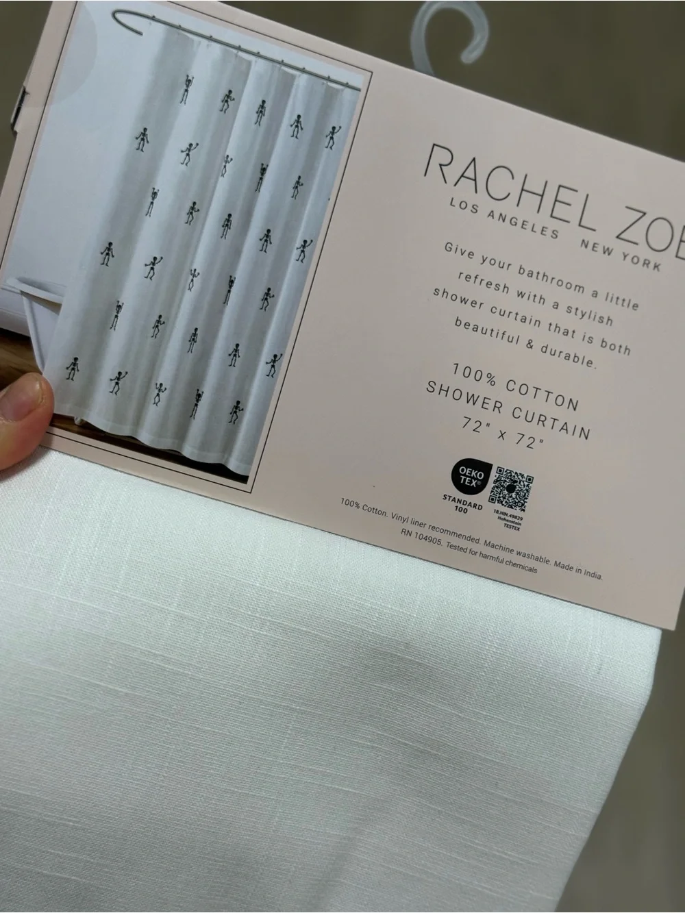 Rachel Zoe White Cotton Shower Curtain with Black Skeleton Embroidery